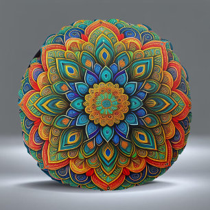 Mandala Blue Teal Colorful Illustration Round Cushion