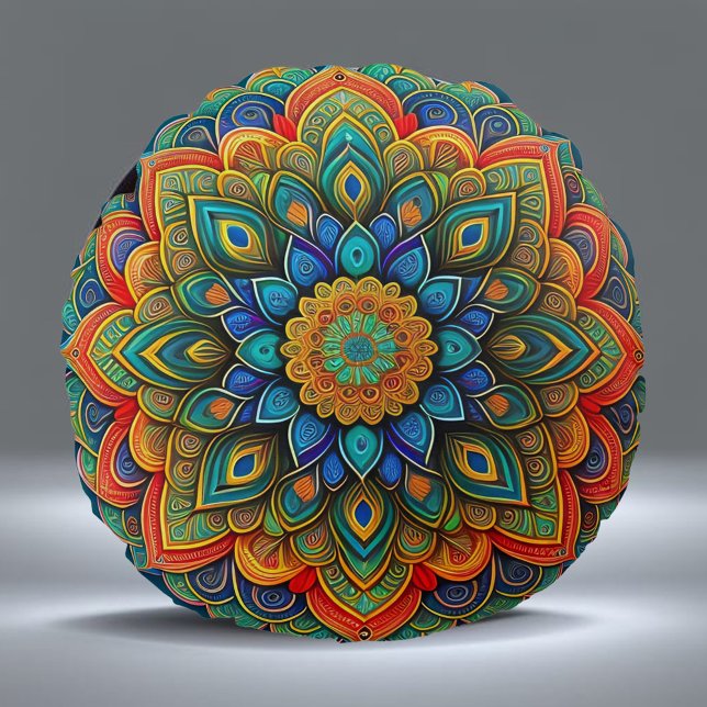 Mandala Blue Teal Colourful Illustration Round Cushion (Creator Uploaded)