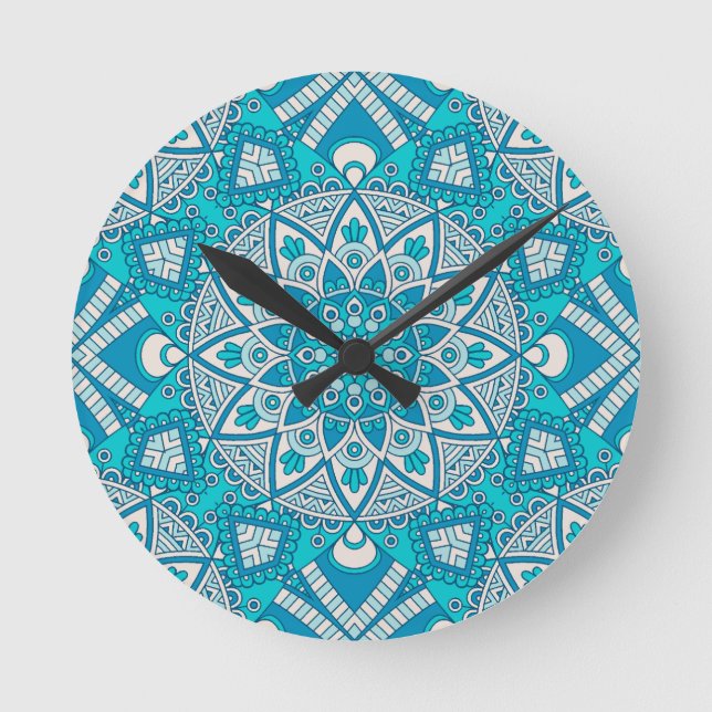 Mandala blue tile pattern round clock (Front)
