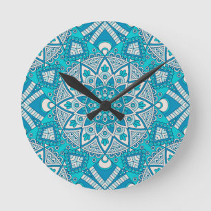 Mandala blue tile pattern round clock