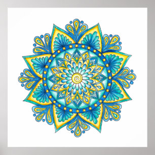 Mandala Blue Turquoise Yellow Watercolor Poster