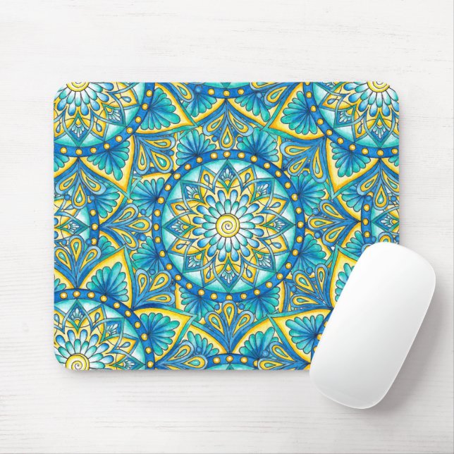 Mandala Blue Yellow Turquoise Pattern Mouse Mat (With Mouse)
