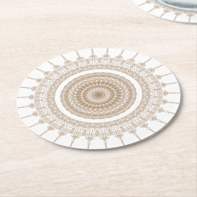 Mandala Bohemian White Boho Round Paper Coaster (Angled)