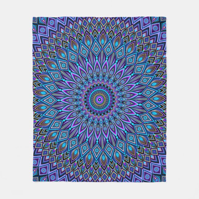 Mandala Boho Blue Teal Purple Peacock Colourful Fleece Blanket (Front)