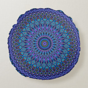 Mandala Boho Blue Teal Purple Peacock Gold Magic Round Cushion