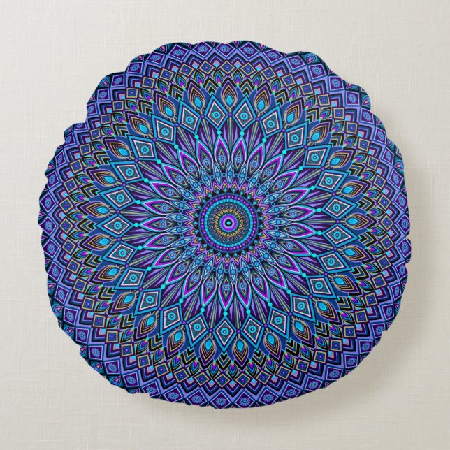 Mandala Boho Blue Teal Purple Peacock Gold Magic Round Cushion (Front)