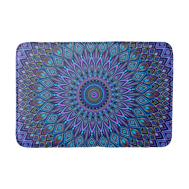 Mandala Boho Blue Teal Purple Peacock Gold Vibrant Bath Mat (Front)