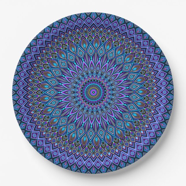 Mandala Boho Blue Teal Purple Peacock Vibrant Paper Plate (Front)