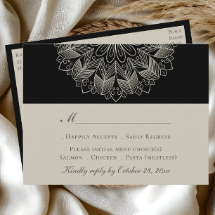 Mandala Boho Indian Elegant Black Wedding RSVP Invitation Postcard