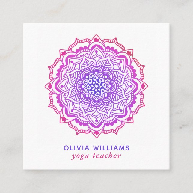 Mandala Boho Purple Pink Yoga Fresh White Square Business Card (Front)