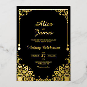 Mandala Border Black Gold Foil Wedding Invitation