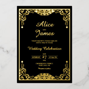 Mandala Border Black Gold Foil Wedding Invitation