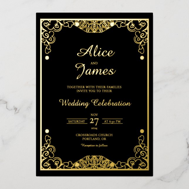 Mandala Border Black Gold Foil Wedding Invitation (Front)