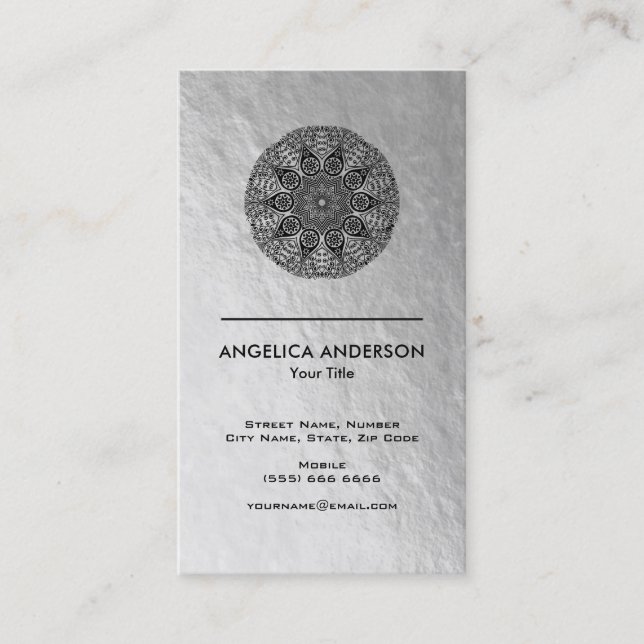 Mandala Business Card | Faux Silver Texture (Front)