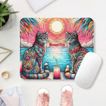 Mandala Cats Sunset Beach Iced Tea Summer Mouse Mat<br><div class="desc">The enchanting Mandala Cats Mousepad, where elegance and spirituality merge in a scene of tranquil summer beauty. Adorn your workspace with the graceful presence of two majestic cats, intricately designed with art deco mandalas, emanating an aura of sophistication and serenity. Customised with your own name. Set against the backdrop of...</div>