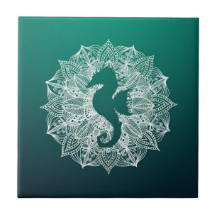 Mandala Circle Turquoise Seahorse Tile