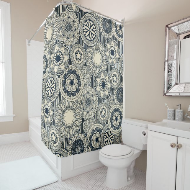 mandala cirque indigo cream shower curtain (In Situ)