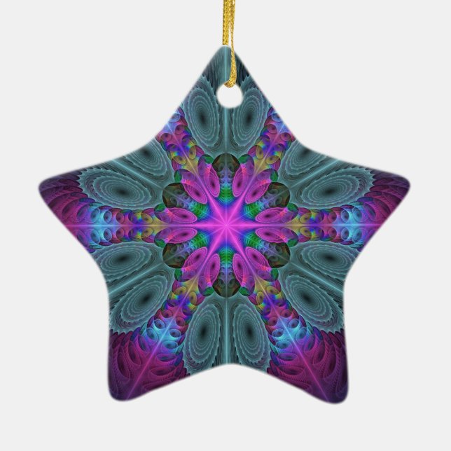Mandala Colorful Fractal Art With Pink Star Ceramic Tree Decoration (Back)