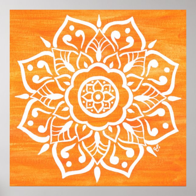 Mandala Colorful Orange White Watercolor Poster (Front)