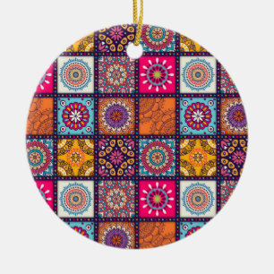 Mandala colourful Moroccan ethnic pattern Ceramic Tree Decoration
