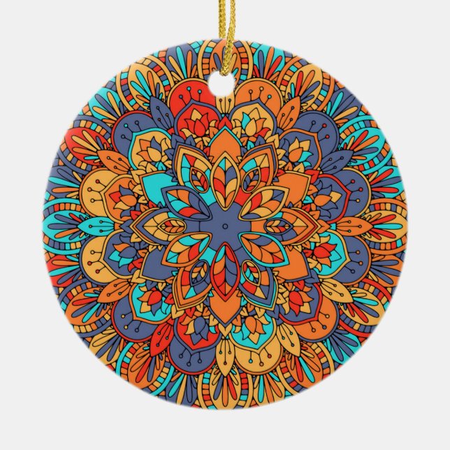 Mandala colourful Moroccan ethnic pattern Ceramic Tree Decoration (Front)