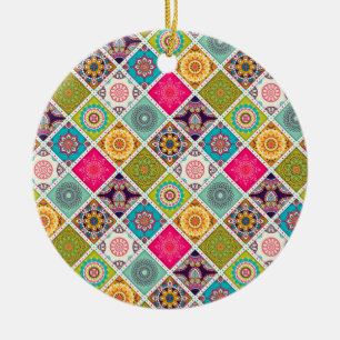 Mandala colourful Moroccan ethnic pattern Ceramic Tree Decoration