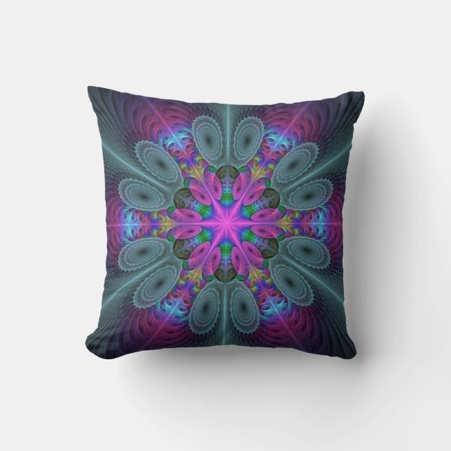 Mandala Colourful Spiritual Fractal Art With Pink Cushion (Front)
