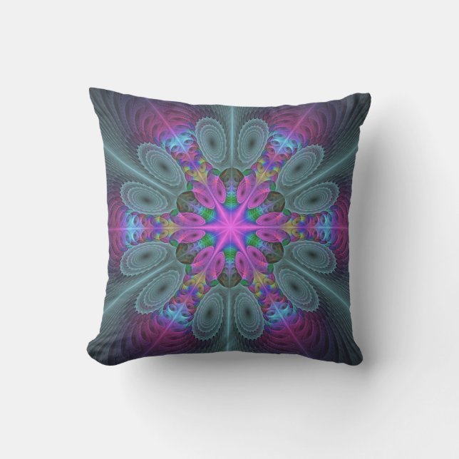 Mandala Colourful Spiritual Fractal Art With Pink Cushion (Front)