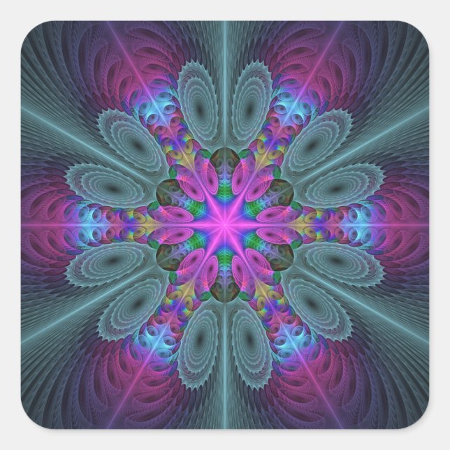 Mandala Colourful Spiritual Fractal Art With Pink Square Sticker (Front)