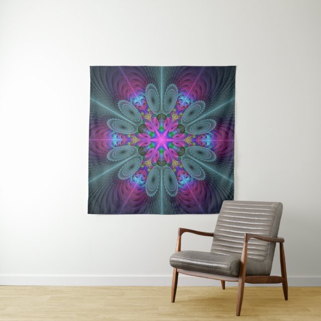 Mandala Colourful Spiritual Fractal Art With Pink Tapestry (In Situ)