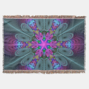 Mandala Colourful Spiritual Fractal Art With Pink Throw Blanket
