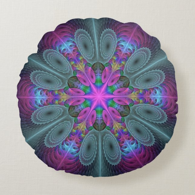 Mandala Colourful Striking Fractal Art Kaleidoscop Round Cushion (Front)