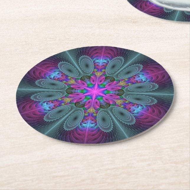 Mandala Colourful Striking Fractal Art Kaleidoscop Round Paper Coaster (Angled)