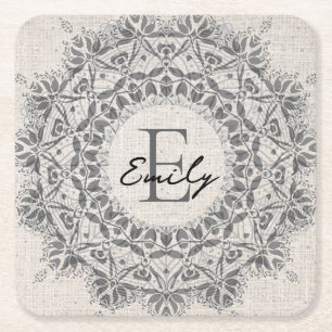 Mandala Custom Name Monogram Monochrome Light Grey Square Paper Coaster