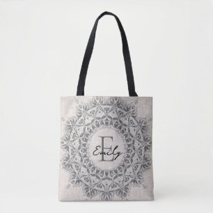 Mandala Custom Name Monogram Monochrome Light Grey Tote Bag