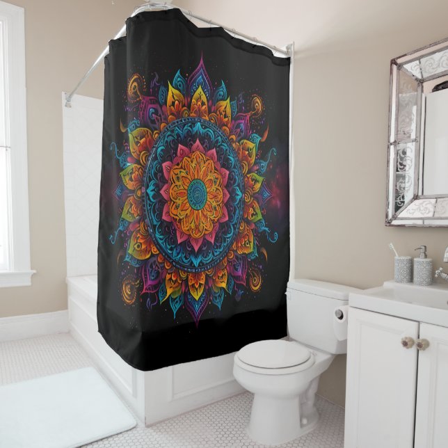 Mandala cute colourful swirls of reds and blues shower curtain (In Situ)