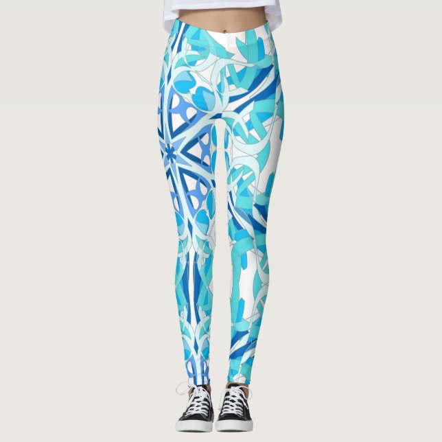 Mandala Design, Blue Ivy on White Leggings (Front)