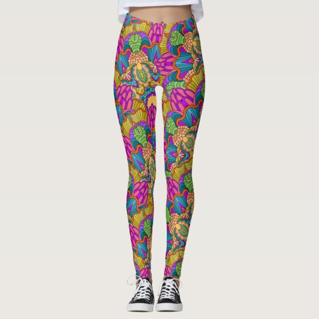 Mandala Design in rich pinks, blues & gold Leggings (Front)