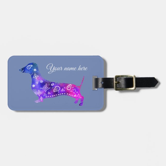Mandala Dog, Dachshund Luggage Tag leather strap (Front Horizontal)