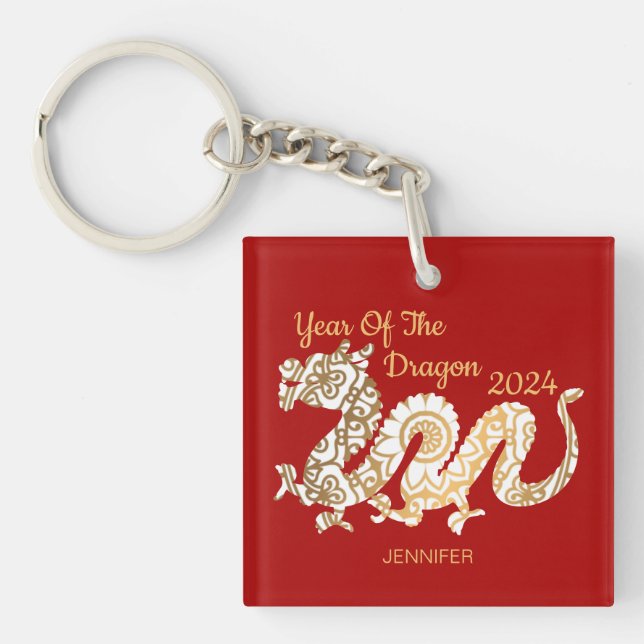 Mandala Dragon 2024 Chinese New Year Red Key Ring (Front)