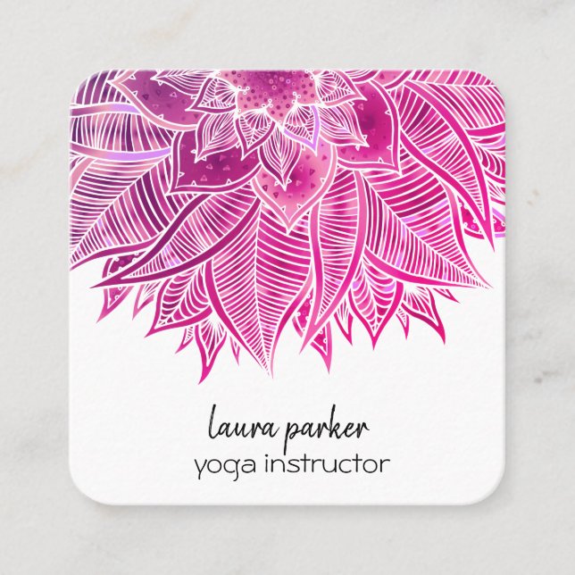 Mandala Elegant Boho Paisley Floral Pink Art Yoga  Square Business Card (Front)