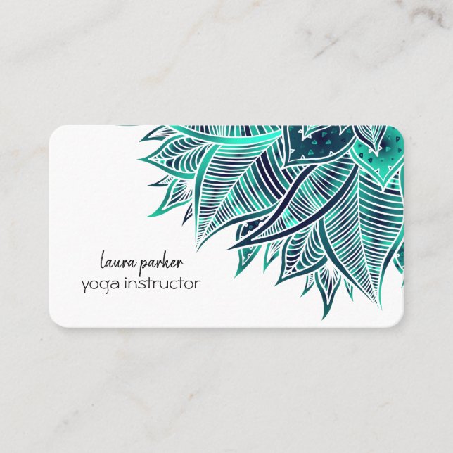 Mandala Elegant Boho Paisley Floral Teal Art Yoga  Business Card (Front)