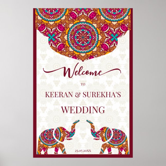 Mandala elephant Indian wedding welcome sign (Front)