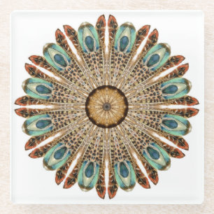 Mandala Feathers Watercolor: Natural Lace Design Glass Coaster