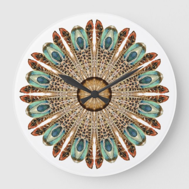 Mandala Feathers Watercolor: Natural Lace Design Large Clock (Front)