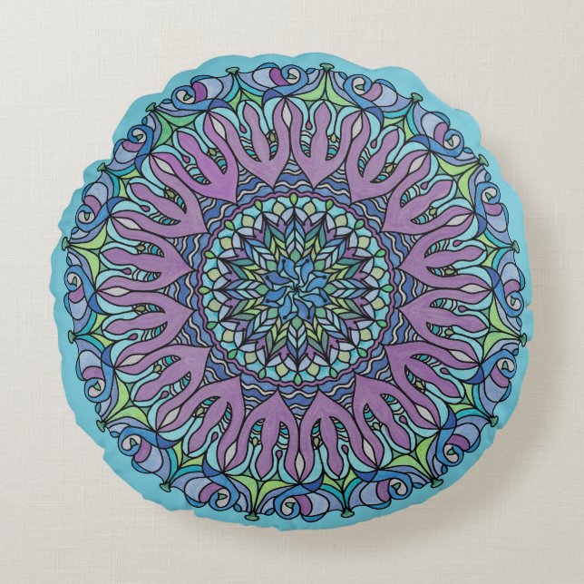 Mandala Floor Pillow Cushion - Teardrop Sky Blue (Front)