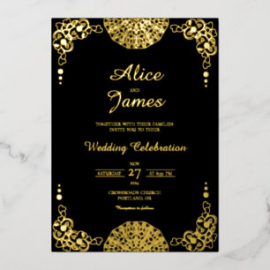 Mandala Floral Black Gold Foil Wedding Invitation