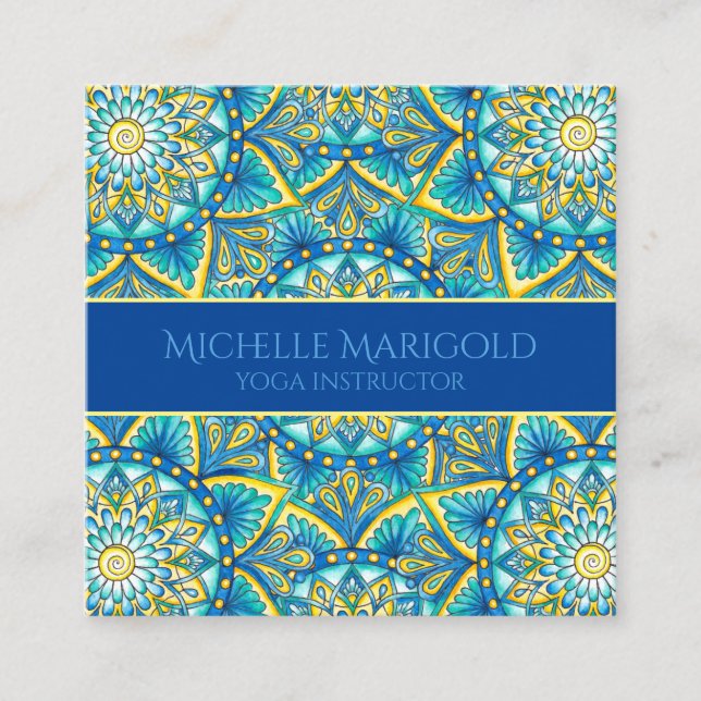 Mandala Floral Elegant Blue Yellow Yoga Instructor Square Business Card (Front)