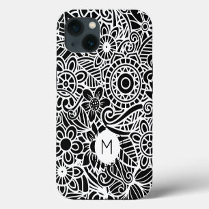 Mandala Floral Modern Monogram INITIAL Black White iPhone 13 Case