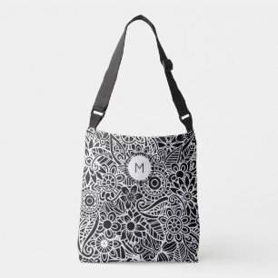 Mandala Floral Monogram Initial Black White  Crossbody Bag